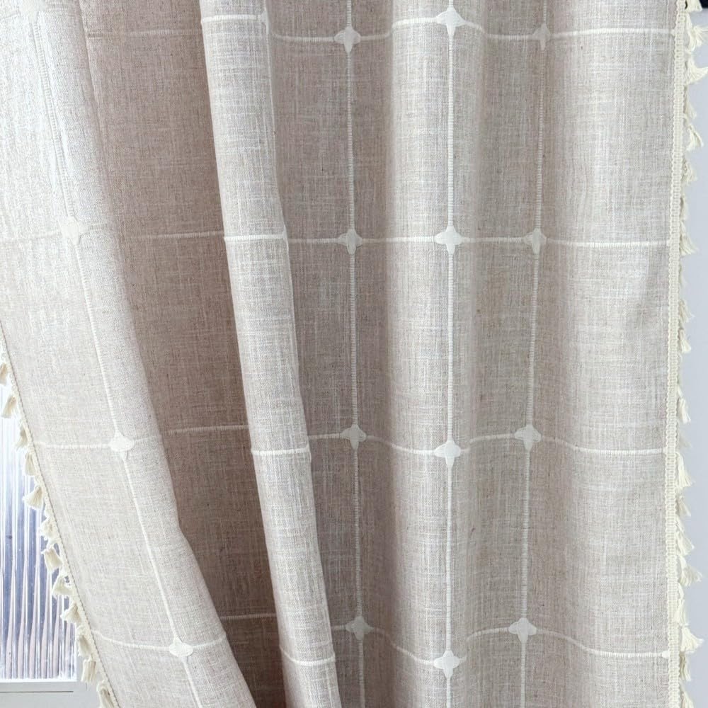 1 Pair Cotton Linen Boho Curtains with Tassel, Semi-Blackout Farmhouse Curtains for Bedroom Living Room (Beige,2 PCS 54" W x 84"D) — image 1