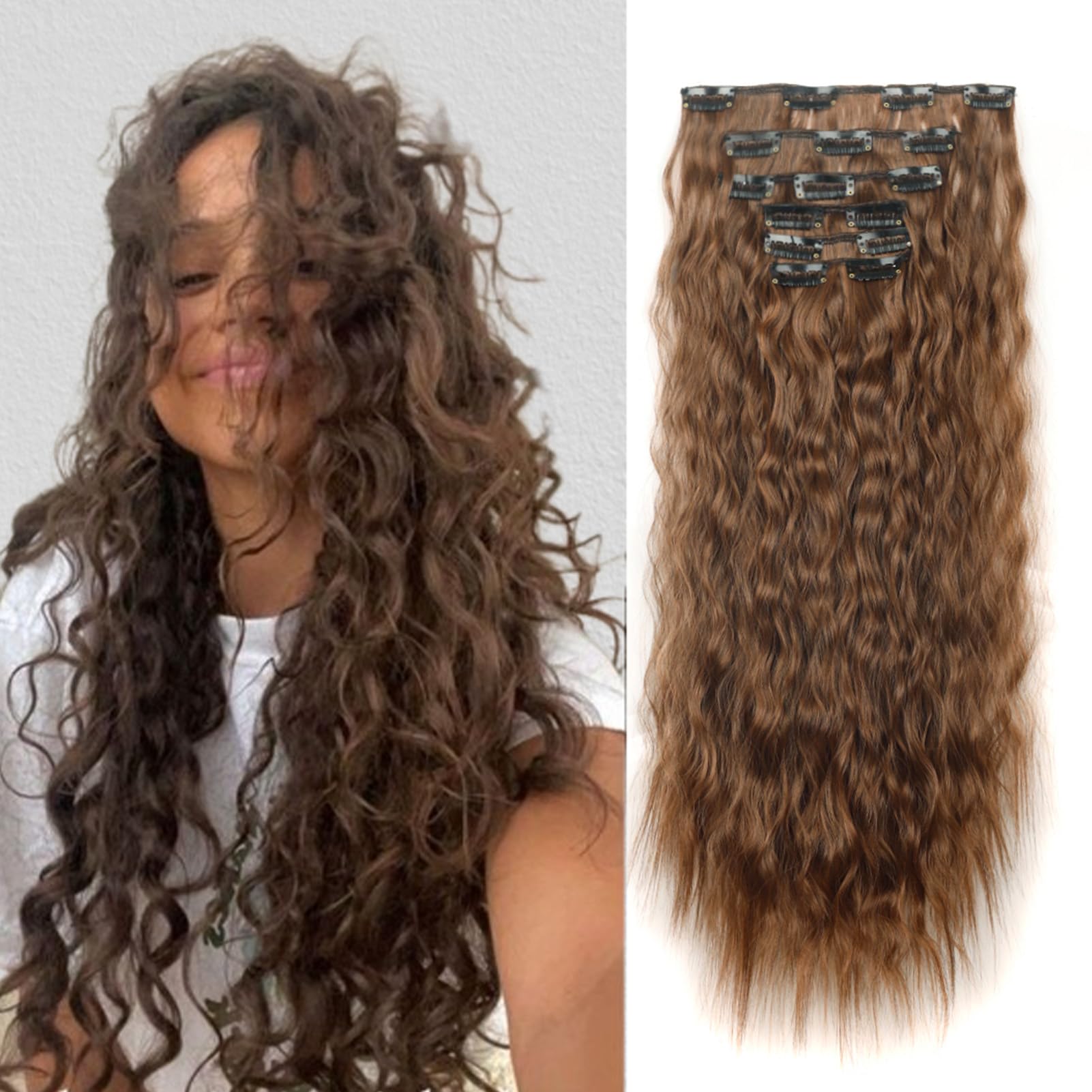 Gairyan Long Curly Clip in Hair Extensions 20 inch Brown Hair Extension Clip in Hairpiece Wavy 6PCS Full Head Set Synthetic Hair piece for Women, Dark Brown & Dark Auburn