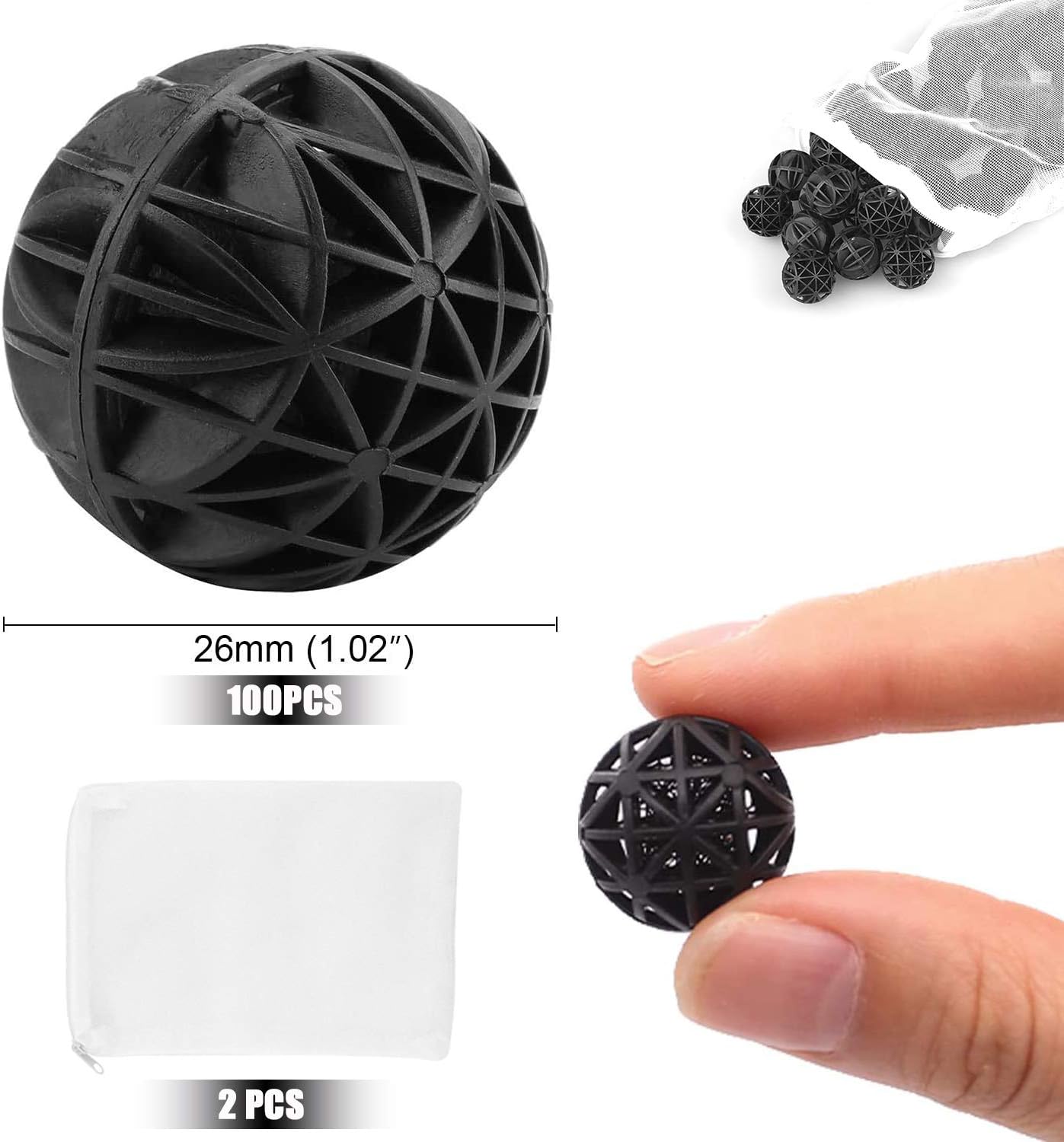WZYTEU 100 pcs Bio Balls, 26mm Biological Filter Media Water Filter Material with Cotton for Aquarium Fish Tank Pond (Black - Image 3
