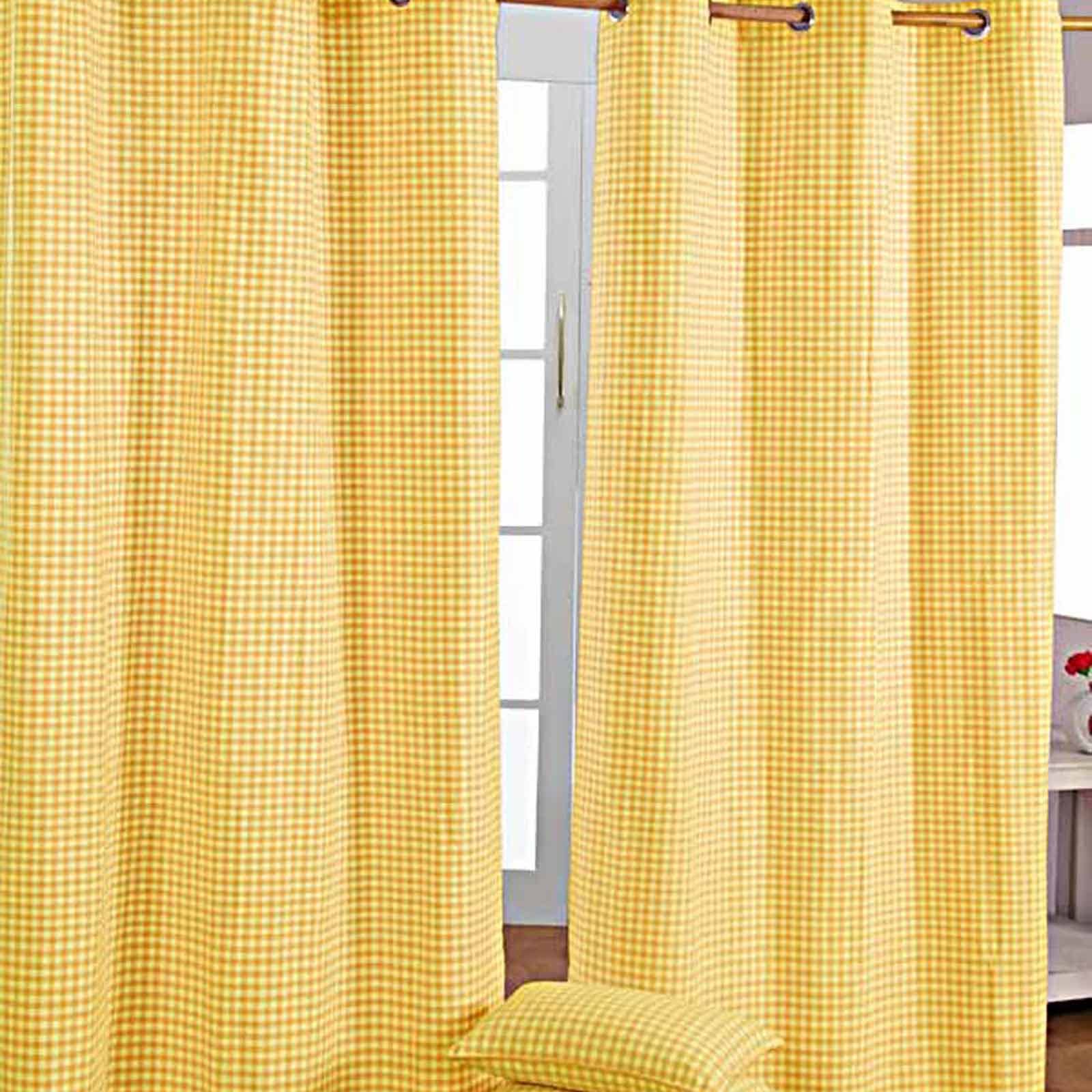 HOMESCAPES Yellow Gingham Check Eyelet Curtain Pair 100% Cotton 137cm (54”) Wide x 228cm (90”) Drop