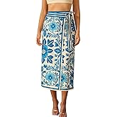 Talakeno Womens Floral Wrap Midi Skirt Summer Adjustable Tie Side Casual High Waist A Line Beach Boho Long Flared Skirts