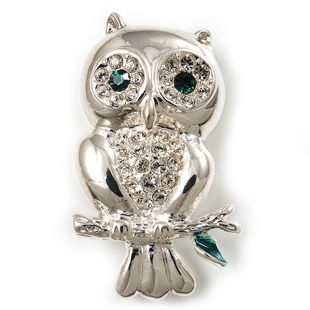 Silver Tone Crystal Owl Brooch