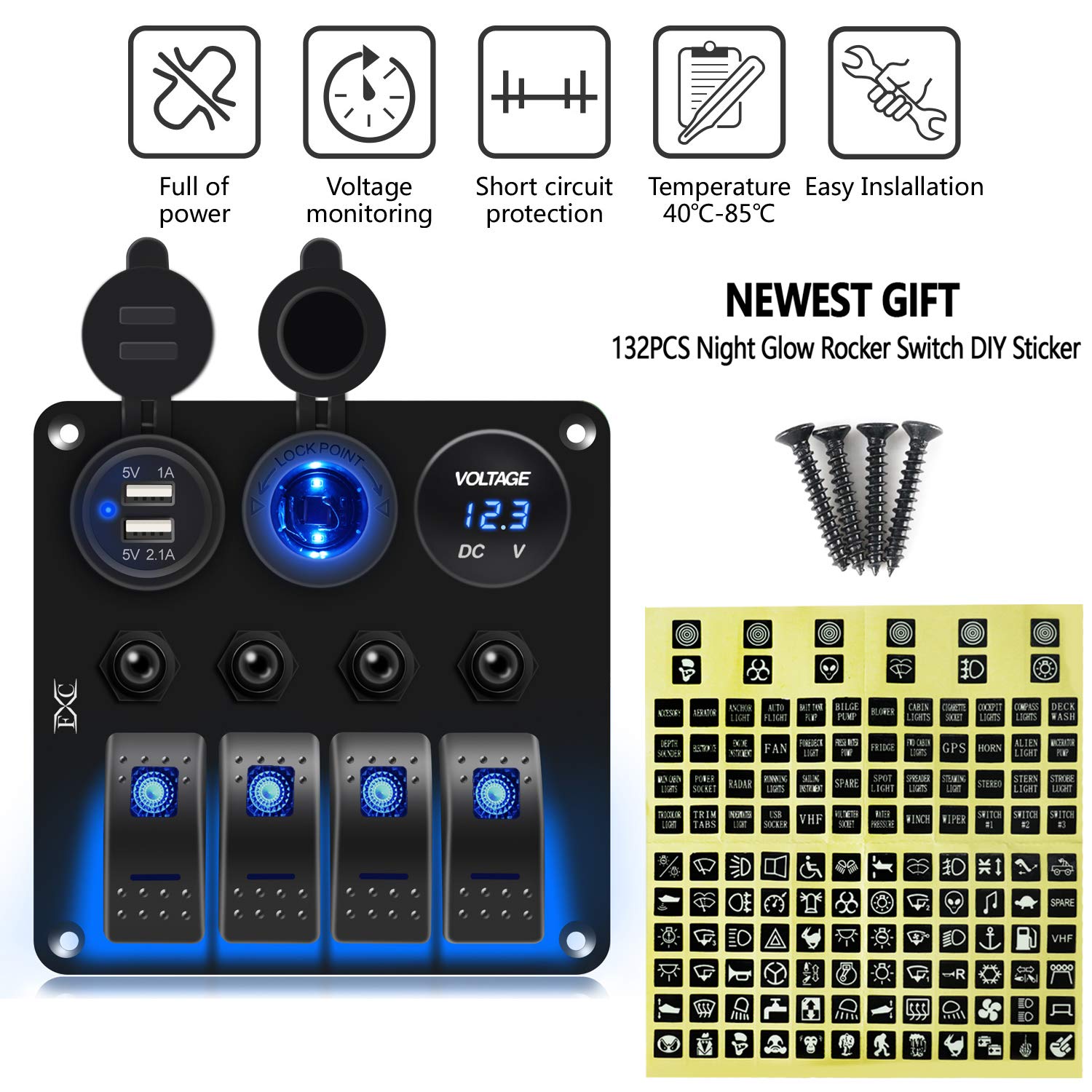 FXC Waterproof Marine Boat Rocker Switch Panel 4 Gang with 3.1A Dual USB Slot Socket + Cigarette Lighter +LED Voltmeter with Overload Protection for Car Rv Vehicles Truck (4 Gang Blue LED) (4 Blue): Industrial & Scientific
