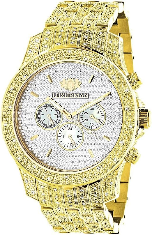Iced Out LUXURMAN Mens Diamond Watch 1.25ct Yellow Gold Tone