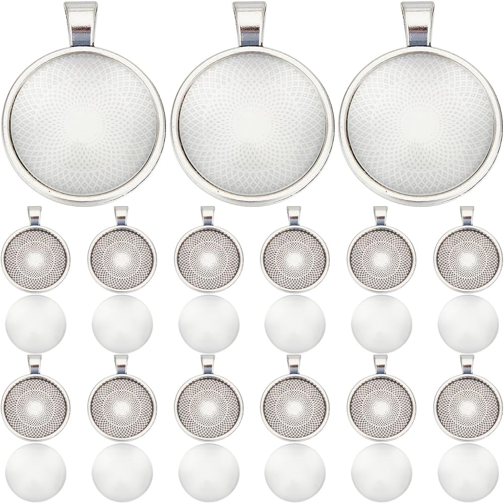 SOFPLATE 1 Box 40 Sets Cabochon Tray Blanks Silver Bezel Pendant Trays with Glass Cabochons Flat Round Dome Vintage Alloy Blank Tray Charm Settings for Jewellery Making Charms Necklaces Tassel DIY