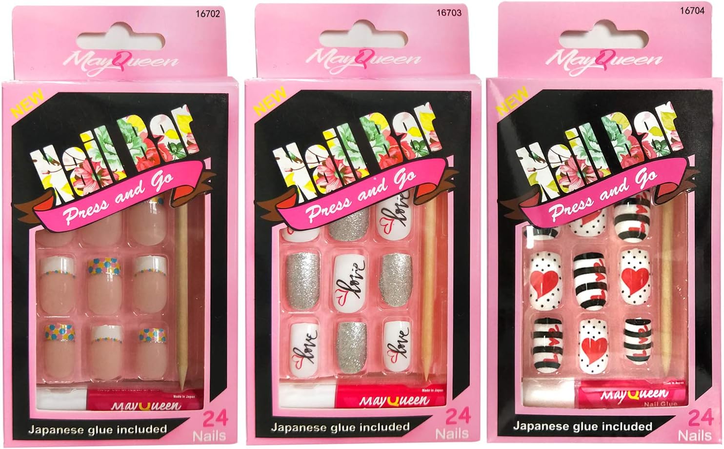 MayQueen 3PACK 72Tips Artificial false nails, Fake Nail Bar (Pattern 2)