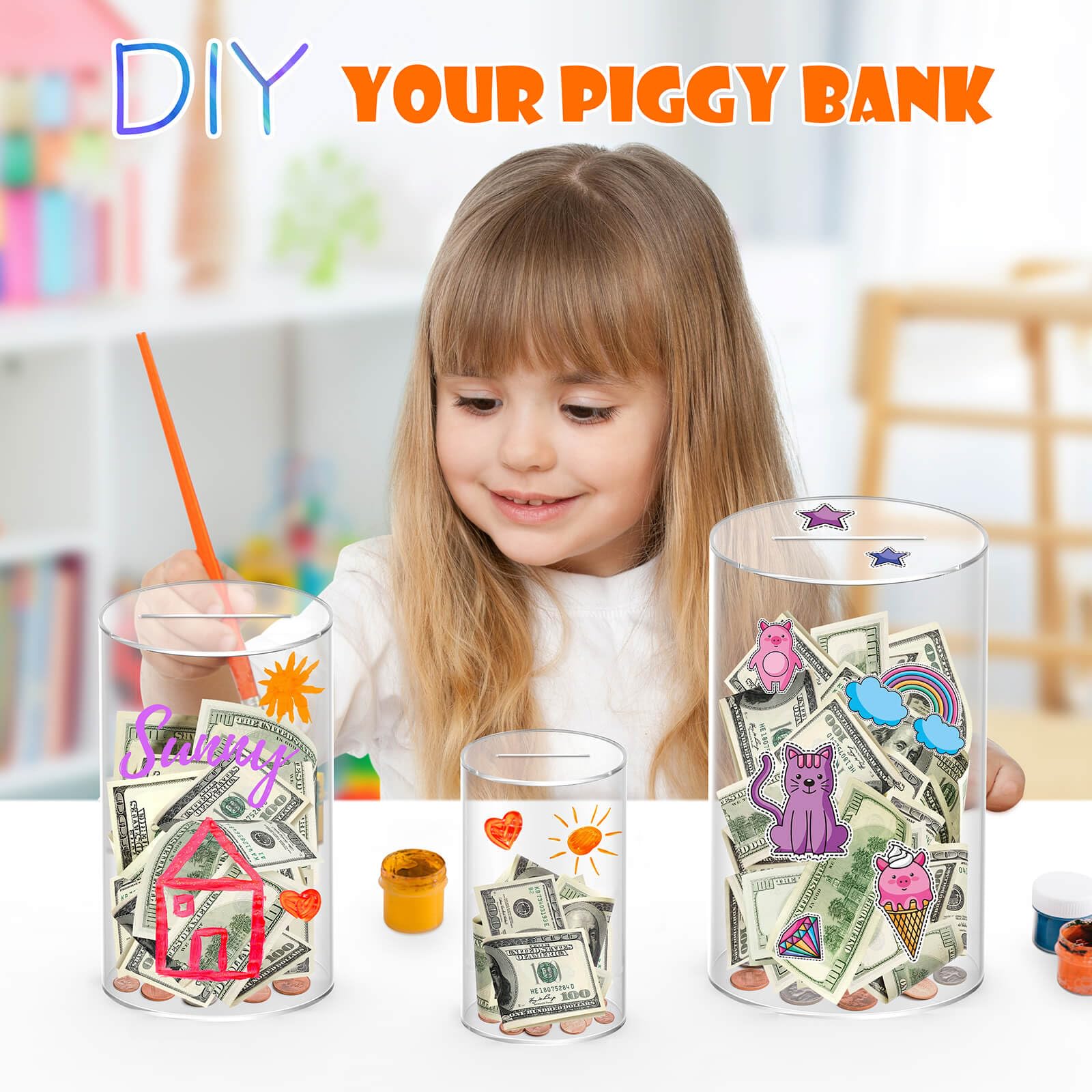 Clear Piggy Bank for Adults, Acrylic Piggy Bank Must Break to Open, Unopenable Money jar for Cash Coins, Size 6