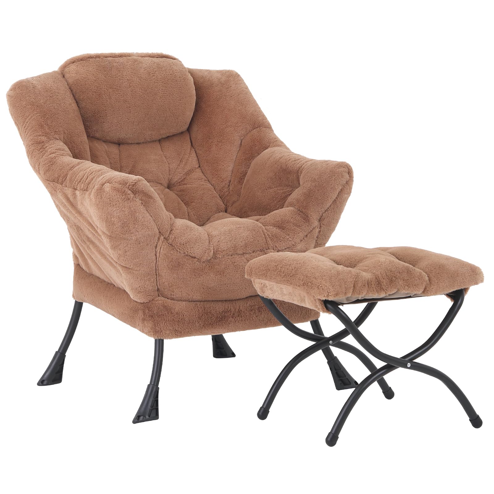 MBOOYOME Lazy Chair with Ottoman, Modern Accent Lounge Armchair with Side Pocket & Foldable Footstool, Leisure Reading Chair for Living Room, Bedroom, Dorm & Office, Plush Brown Image