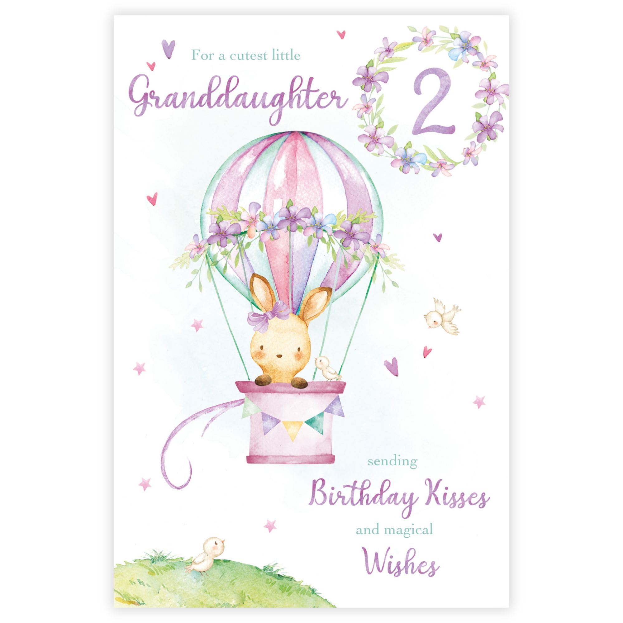 Paper Rose 2nd Birthday Card for Granddaughter - Cute Rabbit in Hot Air Balloon Design - Age 2 Birthday Greeting Card for a Cutest Little Granddaughter - For Her