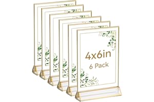 UNIQOOO Acrylic Sign Holders with Golden Border, Portrait View, Pack of 6 | 4x6 Inches Double Sided Clear Frame, Perfect for Wedding Reception, Centerpiece, Decoration, Party,Anniversary, Event