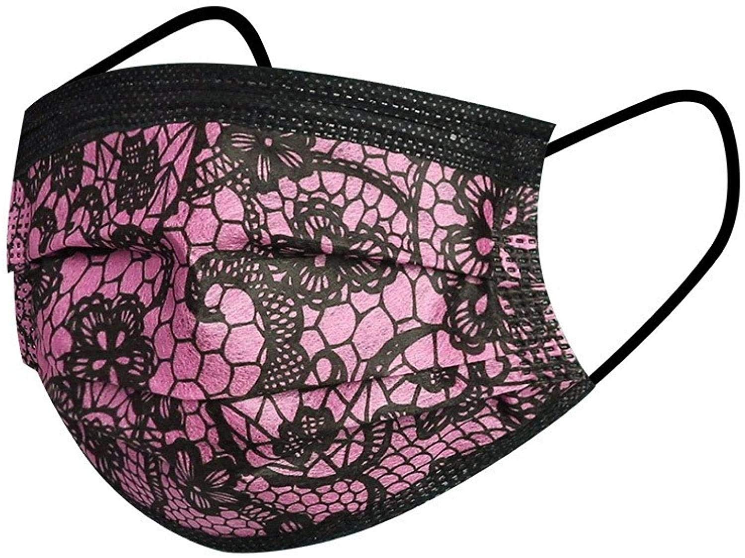 GEORGE HOME COLLECTION Lace Printed Adults Disposable_Face_Masks 3 Layer Face Protection Against Droplet Anti-Particle and Dust Breathable Mouth Nose Cover Multiple Color 50PCS (Pink)