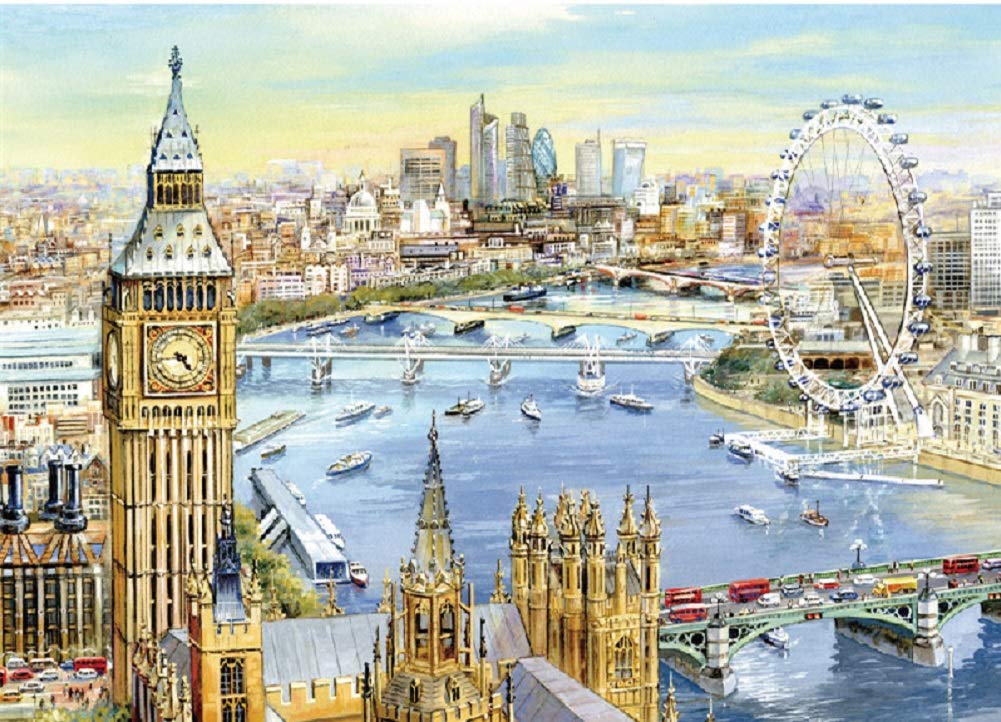 DOUBLETOP London Thames Riverside Landscape Big Ben London Eye 1000 Pieces Cardboard Jigsaw Puzzle Adult Leisure Children Brain Teaser Puzzle Home Art Decoration Photo Frame Box