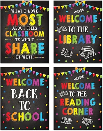 Amazon Com Andaz Press School Classroom Teacher Wall Art Decor Poster Signs 8 5x11 Inch Welcome To The Library Welcome Back To School Welcome To The Reading Corner 4 Pack Unframed Inspirational Quotes Posters Prints