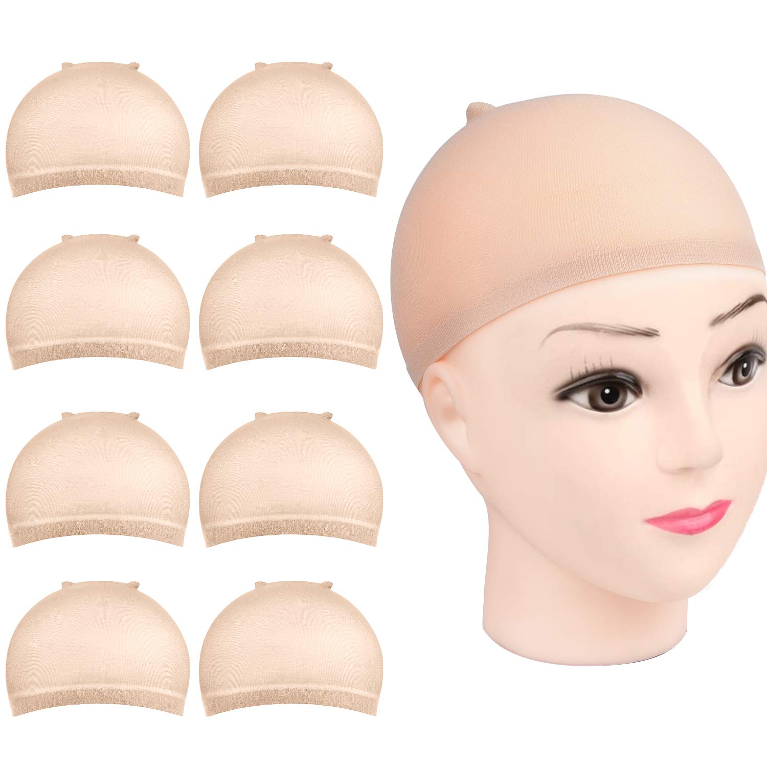 Wig Cap, MORGLES 8pcs Stretchy Nylon Caps to Hold Wig in Place with Elastics Bands, Beige