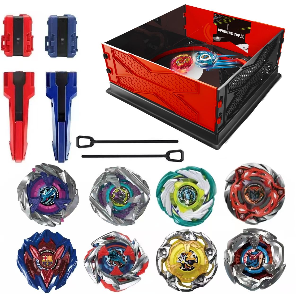 ASVEXKW Battling Set, Spinninning Top Burst Toy Combat Battling Game Set, Spinning & Launchers, Bey Stadium, Birthday Gift for Boys, bx 8 Spinning Tops (08-2)
