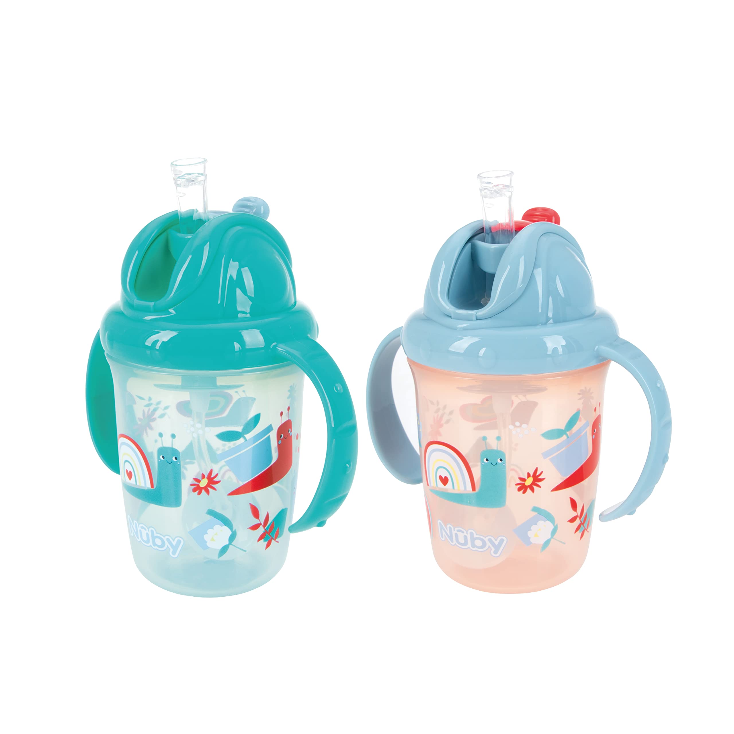Nuby Flip N Sip Water Bottle - No Spill Sippy Cup 240ml / 8oz Twin Handle Weighted Straw Dishwasher Safe Suitable Beaker for 6 Months Plus (Snails, Pack of 2) 048526890422