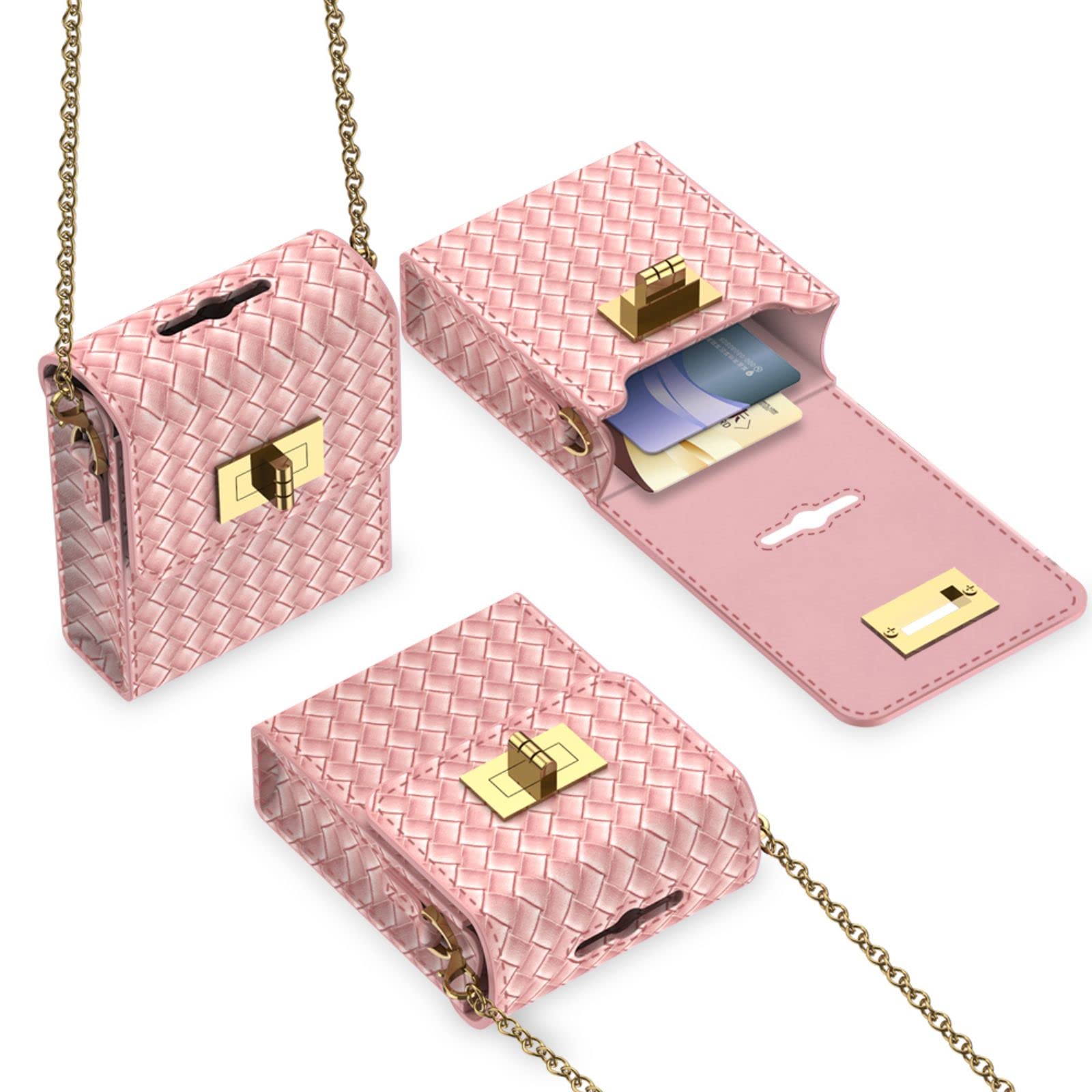 COQUE Huawei P50 Pocket phone case with gold-plated chain mini bag and folded phone cross-body strap card slot-Pink