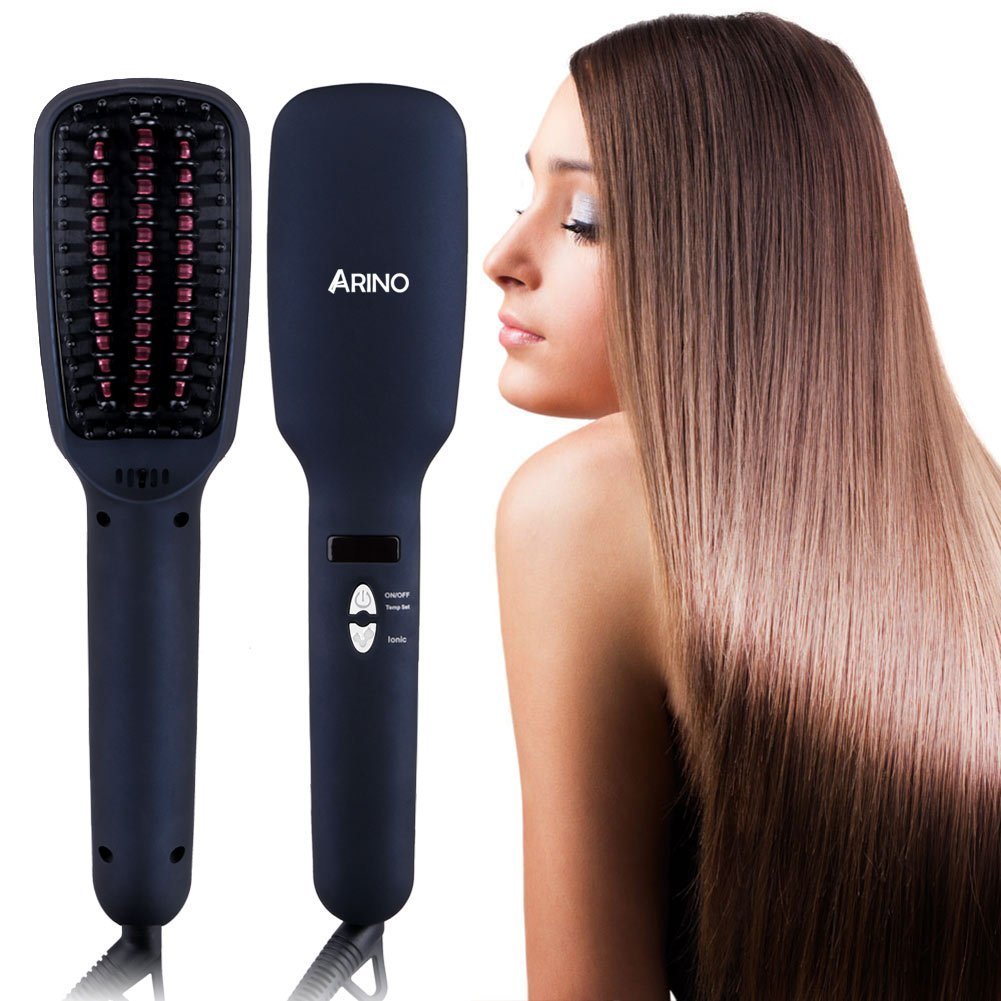 ARINO Spazzola Lisciante Ionica Lisciacapelli Lisciatura Lisciatore Ioni 2 in 1 Raddrizzatore Piastra di Ceramica Styling Elettrico con Tecnologia MCH per Protezione Riscaldamento Rapido Antistatico Scottature Nero