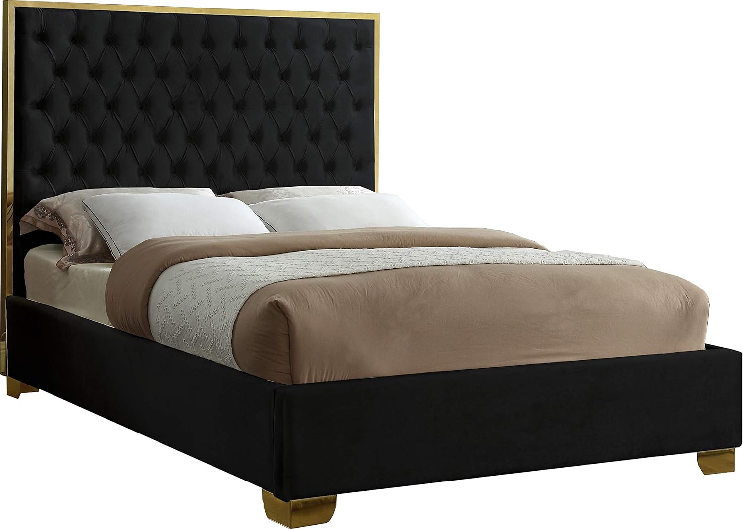 Meridian Furniture Lana Collection Modern | Contemporary Velvet Upholstered Bed with Deep Detailed Tufting and Gold Legs, Queen, Black
