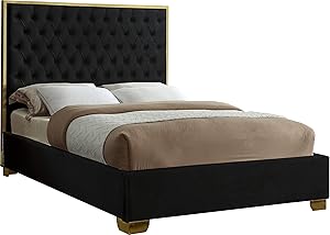 Meridian Furniture Lana Collection Modern | Contemporary Velvet Upholstered Bed with Deep Detailed Tufting and Gold Legs, Queen, Black