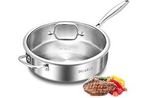 DELARLO Whole Body Tri-Ply Stainless Steel Sauté Pan with Lid, 6 Quart Sauté Pan, 12 Inch Deep Frying Skillet, Induction Comp