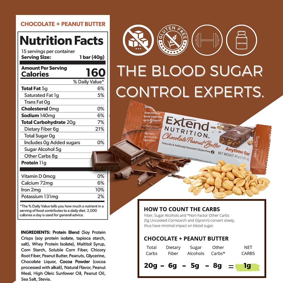 Extend Nutrition Sugar Free Keto Bars, Perfect Diabetic Snacks for Adults and Kids, High Protein Bars for Hunger Control & Steady Energy, Low Carb, Keto Friendly, Chocolate Peanut Butter, 15 Count