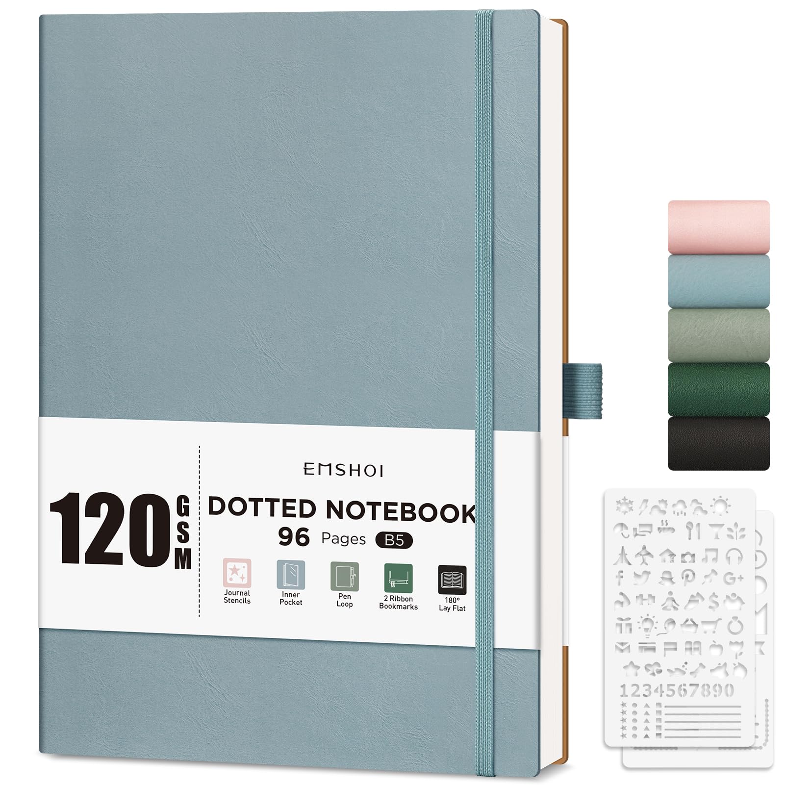 EMSHOI B5 Notebook Dotted Journal - 120gsm Thick Paper, 19.5 x 25.5 cm Large Dot Grid Notebook for Bullet Journaling with 96 Pages, Journal Stencils, Softcover Leather, Inner Pocket, Gray Blue