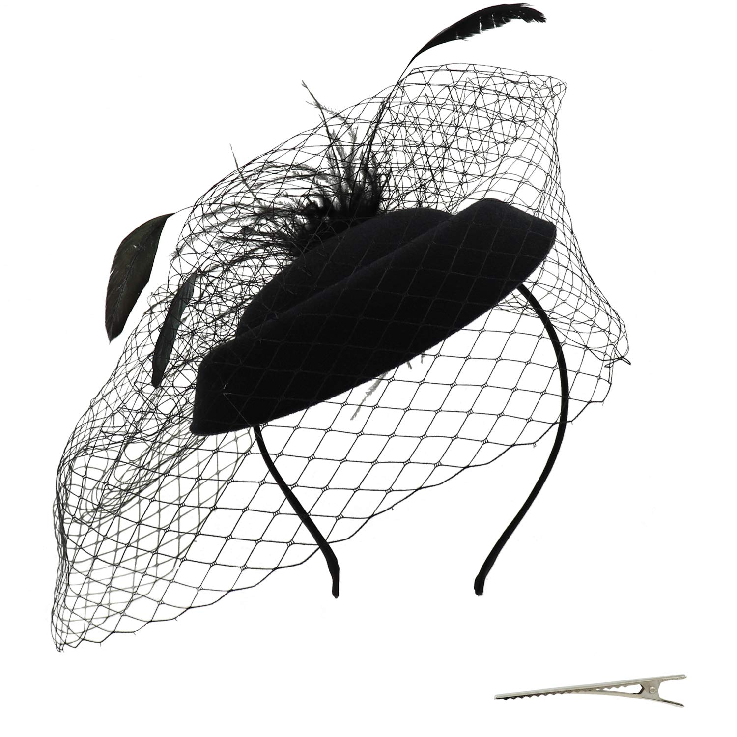 Umeepar Pillbox Fascinator Hat for Women Wedding Tea Party Hat Feather Headband Hair Clip with Veil, Black