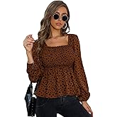 SweatyRocks Women's Leopard Print Square Neck Blouse Long Sleeve Shirred Peplum Top