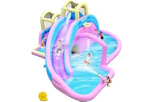 EASYAIR Large Inflatable Water Slide for Big Kids, Water Bounce House, Outdoor Blow Up Pool, Climbing Wall, Basketball Hoop with Blower (Funny Slide)