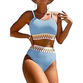 Zuvebamyo Women's High Waisted Swimsuit Two Piece Ribbed Bikini Sets Crop Top High Cut Cheeky Bathing Suits
