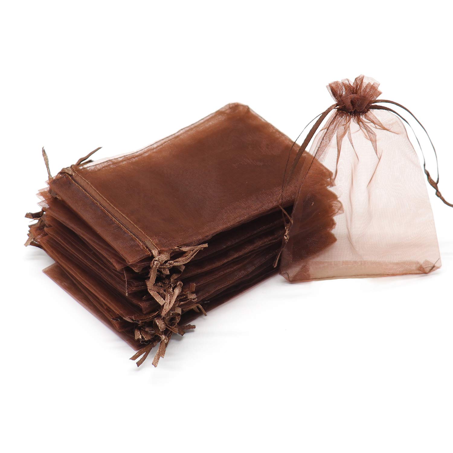 Bezall 100pcs Drawstring Organza Jewelry Candy Pouch Party Wedding Favor Gift Bags (4x6, Brown)