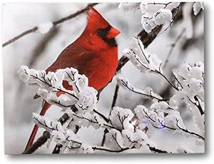 BANBERRY DESIGNS Cardinal Canvas Print - Red Cardinal on a Snowy Branch - LED Lighted Print with 40 Fiber Optic Lights in The Branches - Winter Scene Christmas Pictures