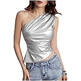 MakeMeChic Women's Faux Leather Top Y2k One Shoulder Sleeveless Asymmetrical Ruched Tops Concert Club Outfits