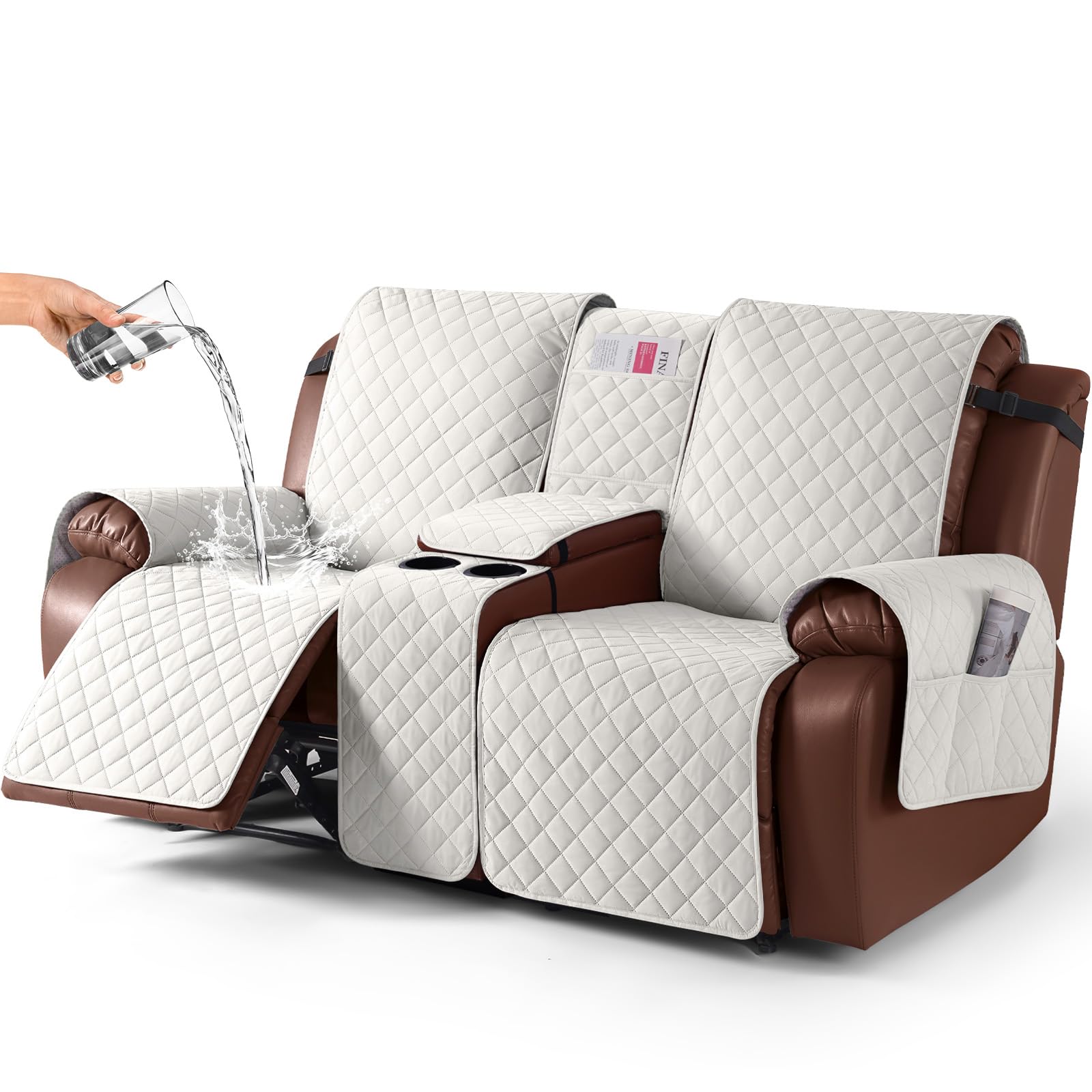 View 1 of **MISSING PARTS**
KinCam 100% Waterproof Recliner Loveseat Cover with Console, Non-Slip Reclining Couch Covers for 2 Seat, Recliner Sofa Cover Furniture Protector with Elastic Straps for Kids, Pets, Beige White