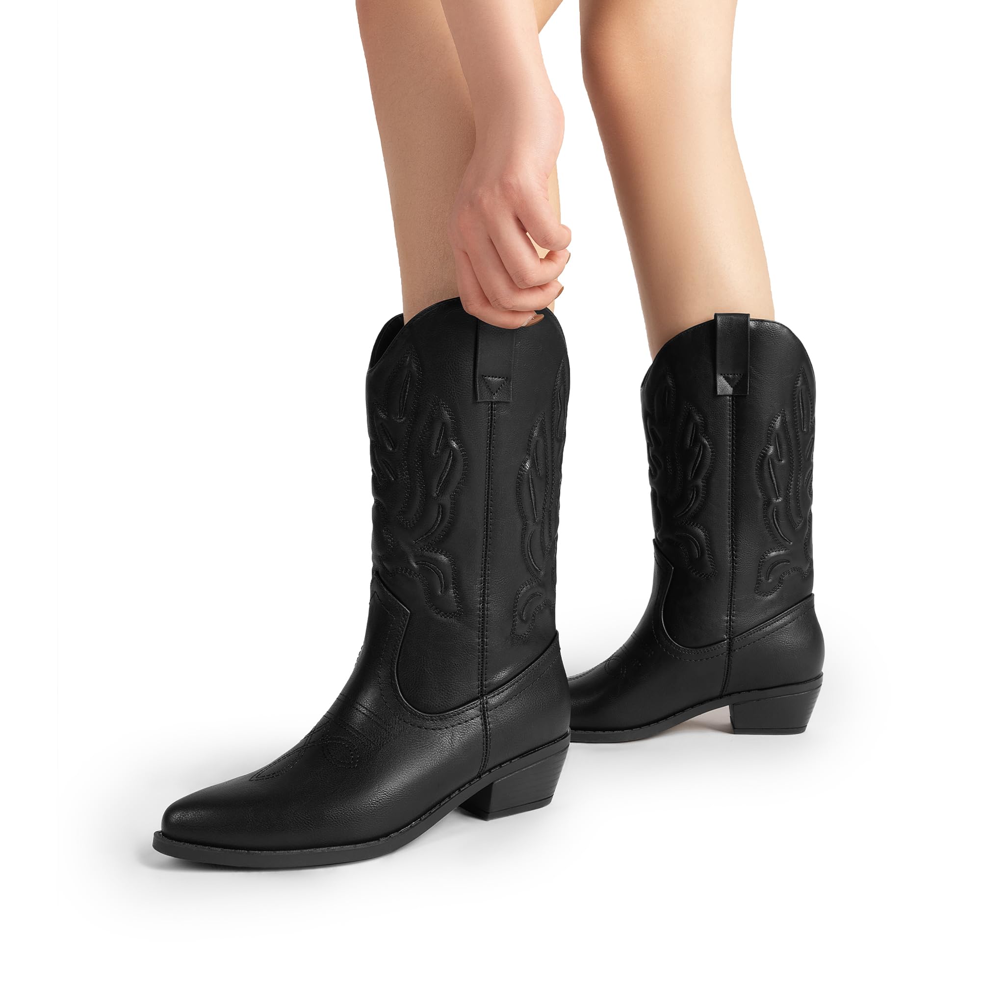 DREAM PAIRS Women's Cowboy Boots Mid Calf Cowgirl Boots Embroidery Stitched Western Boots