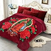 JYK Korean Mink Fleece Bed Blanket Queen Size 75" x 87", 5 Pounds - 2 Ply Reversible Silky Soft Plush Warm, Comfy Blanket for Autumn, Winter -Rose/Virgin Mary