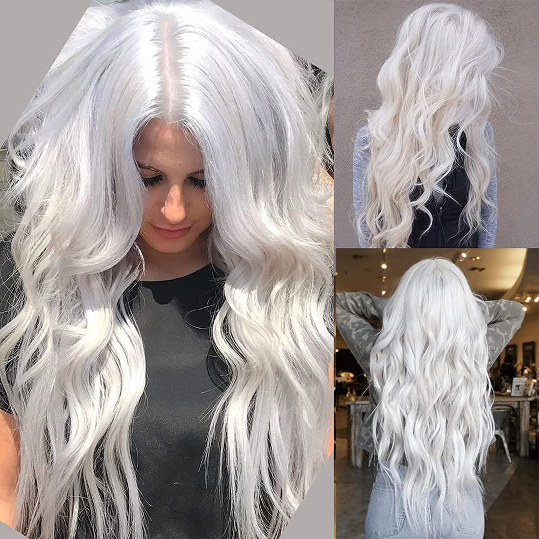 Photo 1 of RicHyun Long Curly Wavy White Wig Middle Part Cosplay Wig Synthetic Heat Resistant Costume Halloween Wigs for Women Girls