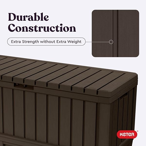 KETER KENTWOOD 92 GALLON RESIN DECK BOX-ORGANIZATION AND STORAGE FOR PATIO FURNITURE OUTDOOR CUSHIONS, THROW PILLOWS, GARDEN TOOLS AND POOL FLOATS, BROWN
