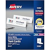 Avery Printable Tent Cards, 2.5" x 8.5", Matte White, 100 Place Cards | Embossed Border, Rectangle, Sure Feed, Perforated, Template 5305, Laser/Inkjet, Event Place Cards, Trade Show Signage