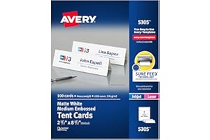 Avery Printable Tent Cards with Sure Feed Technology, 2-1/2" x 8-1/2", Matte White with Embossed Border, 100 Blank Place Cards for Laser and Inkjet Printers (5305)