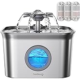 Stainless Steel Cat Water Fountain, 2.8L with 20dB Ultra-Quiet Pump- Ideal for Timid Pets, LED Water Level Window, Dishwasher Safe, 24/7 Circulation- Includes 3 Replacement Filters