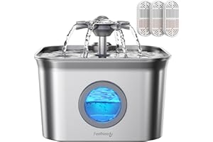 FEELNEEDY Stainless Steel Cat Water Fountain for Drinking with 3 Filters, 2.8L Auto Pet Drinking Fountain for Cats with 20dB Ultra-Quiet Pump, 24/7 Circulation Filtration LED Water Level Window Dishwasher Safe