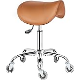 BEWISHOME Rolling Saddle Stool,Height Adjustable Saddle Stool with Wheels,Ergonomic- Comfortable 360 Swivel PU Leather Saddle Chair Seat for Salon, Massage, Clinic, Lab, Office (Camel) BMD01Z