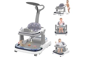 ARCWARES Baby Walker, 6-in-1 Baby Walker with Wheels & LED Light, Height Adjustable Walker for Babies, Adjustable Speed for Baby Walkers and Activity Center for Baby Girl and Baby Boy with Footrest, Push Rod