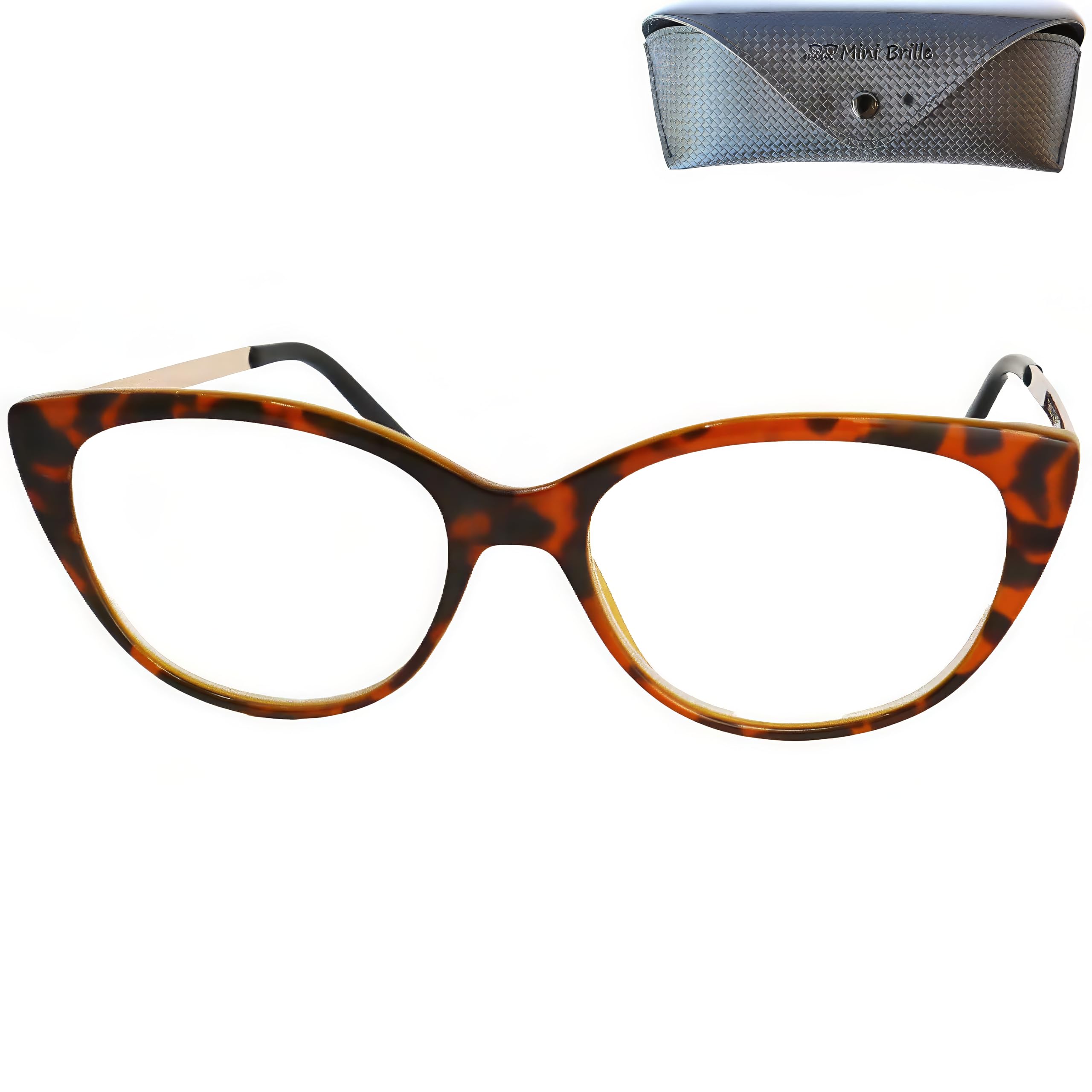 Mini Brille - Cat Eye Reading Glasses with Large Lenses, including FREE Trendy Case, Plastic Frame with Metal Temples (Tortoiseshell brown), Women Reading Glasses + 1.50 Magnification