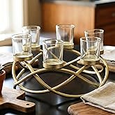 Seraphic Iron Round Table Decor Centerpiece Decorations Candle Holder for Weddings, Outdoor Patio, Kitchen, Dining Room, and Coffee Tables, Glass Votive Tealight Holders, Gold, 6 Clear Cups