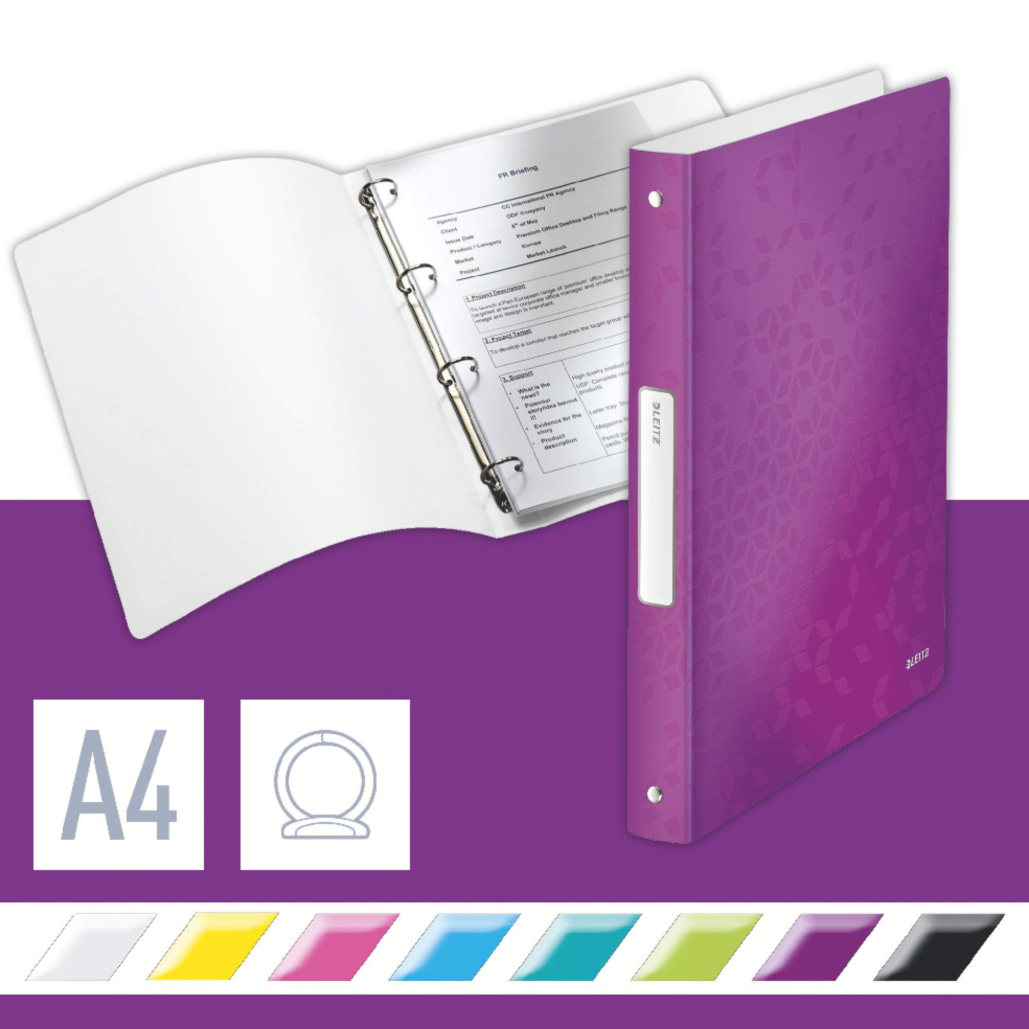 Leitz 4 Ring Binder, Holds up to 190 Sheets, Wow Range, 25 mm Spine, 42580062 - A4, Purple