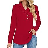 Micoson Women's Long Sleeve Button Lapel Tunic Tops V Neck Business Casual Swing Sweatshirt Pullover