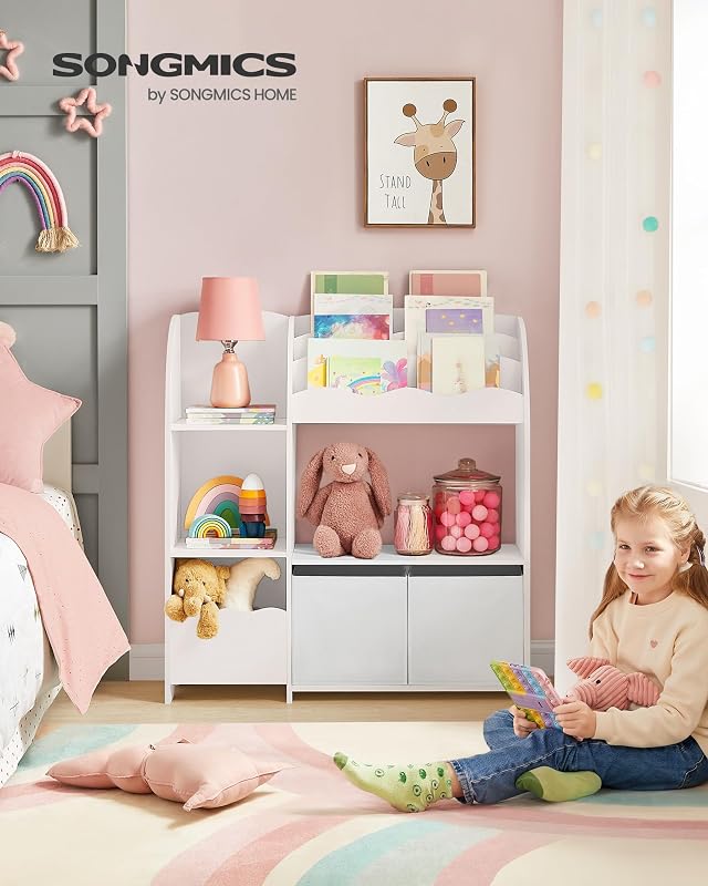 Étagère de Rangement pour Enfants, Bibliothèque, pour Livres et Jouets, Organisateur avec 2 Boîtes de Rangement, pour Salle de Jeux, Chambre d’Enfants, Salon, Blanc Nuage GKR042W01